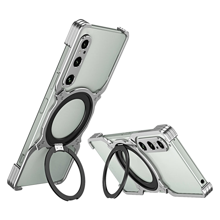 Silver robotic arm MagSafe phone case with black ring holder and camera cutouts