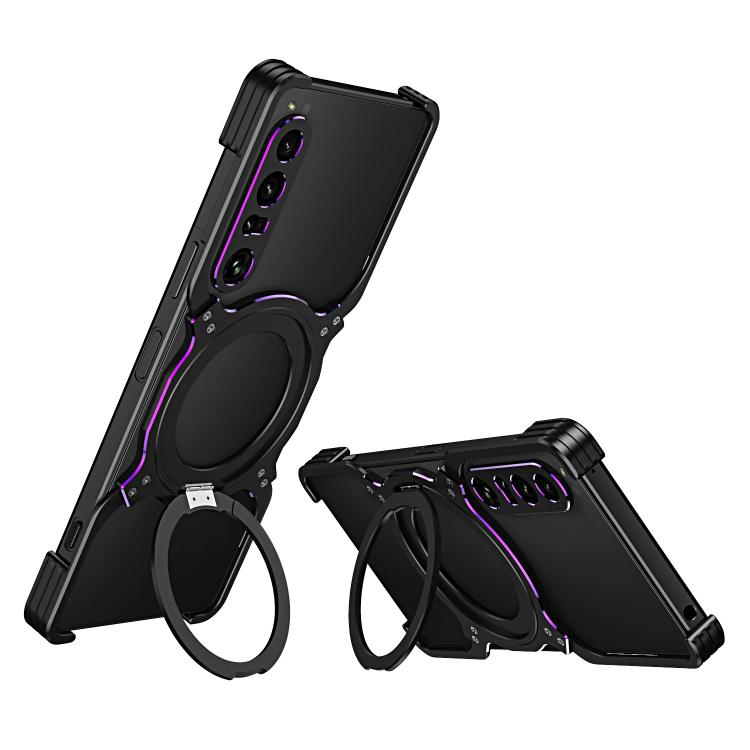Black metal MagSafe phone case with mechanical arm stand and purple accent outlines
