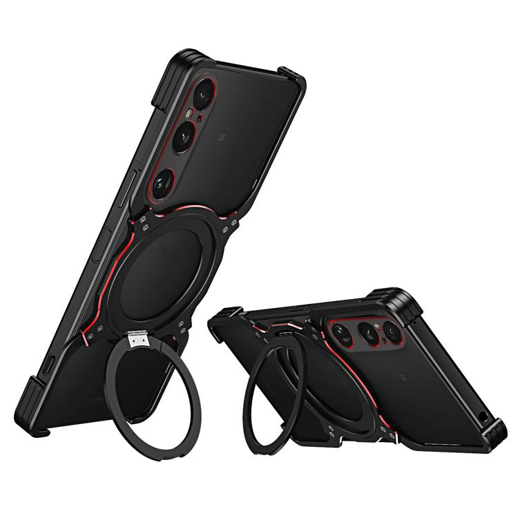 Black metal MagSafe phone case with mechanical arm stand and red accent details
