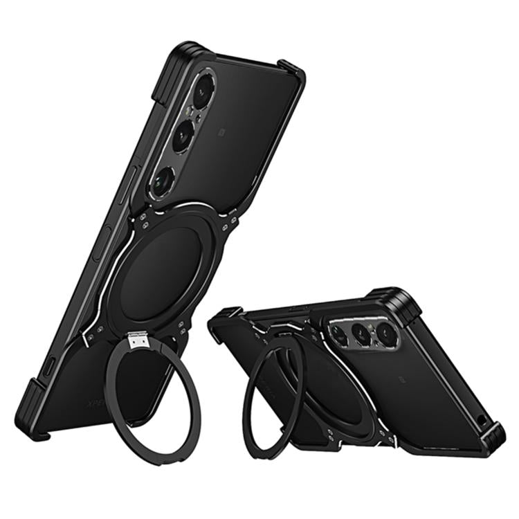 Black metal MagSafe phone case with mechanical arm stand and silver logo plate