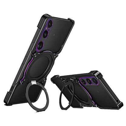 Black metal MagSafe phone case with mechanical arm stand and purple accent highlights