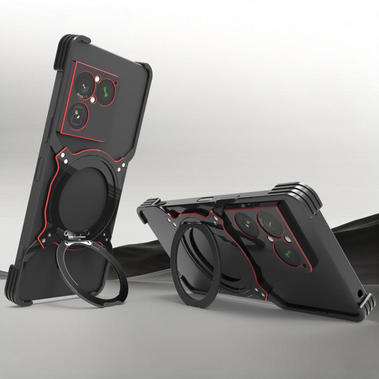 Black metal MagSafe phone case with mechanical arm stand and red accent trim
