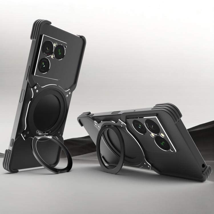 Black metal MagSafe phone case with mechanical arm stand and white accent trim