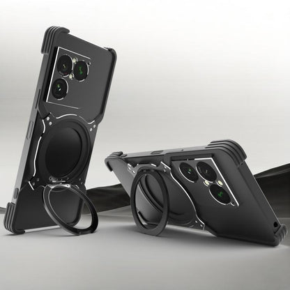Black metal MagSafe phone case with mechanical arm stand and white accent trim