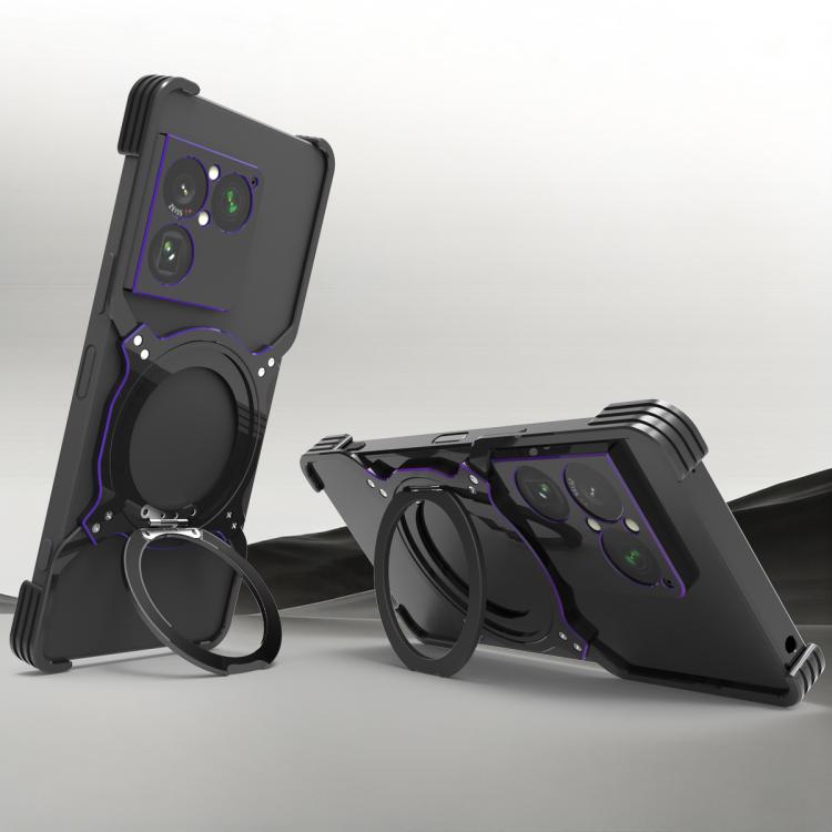 Black metal MagSafe phone case with mechanical arm stand and purple accent trim
