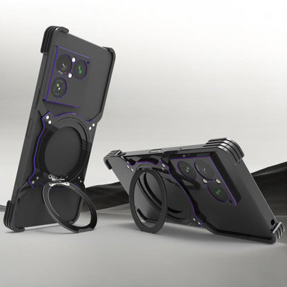 Black metal MagSafe phone case with mechanical arm stand and purple accent trim