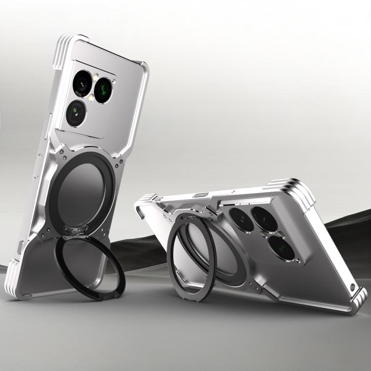 Silver metal MagSafe phone case with mechanical arm stand and dark ring holder