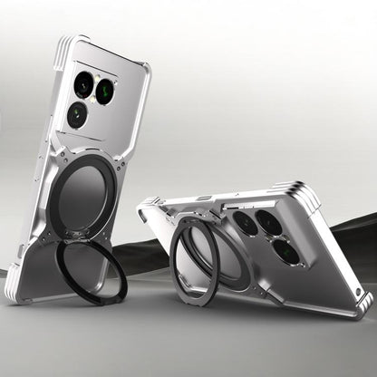 Silver metal MagSafe phone case with mechanical arm stand and dark ring holder