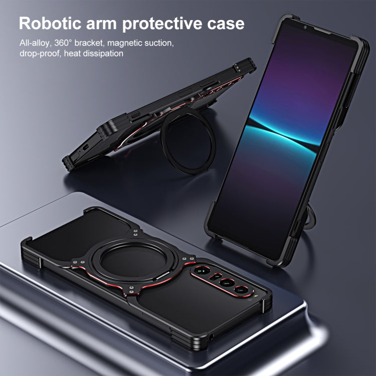 Black robotic arm protective MagSafe phone case with raised camera area and stand ring