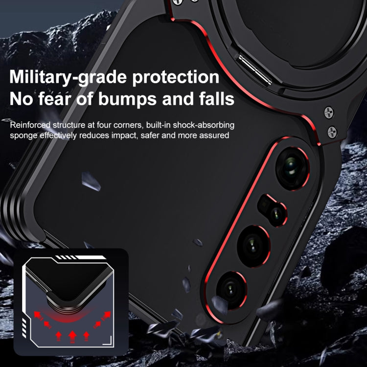 Rugged black phone case with red trim, raised corners, and camera cutouts