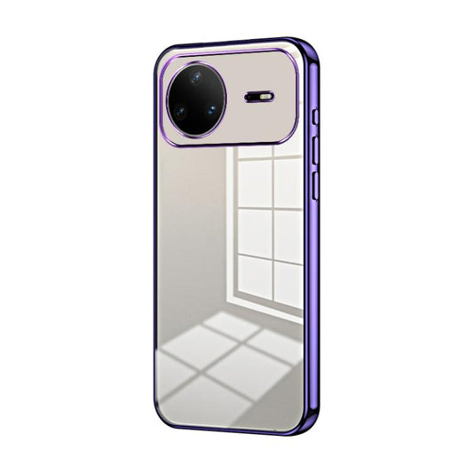 Transparent phone case with fine-hole plating, purple frame, raised camera cutout