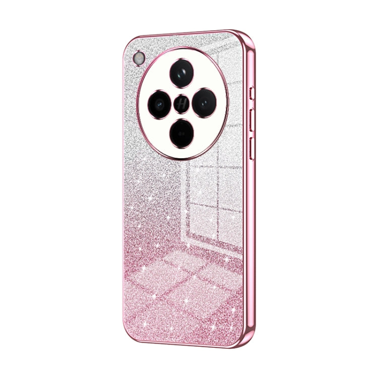 Glittery pink gradient phone case with electroplated trim, quad camera cutout