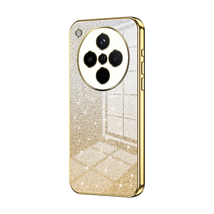 Glittery gold gradient phone case with electroplated trim, quad camera cutout