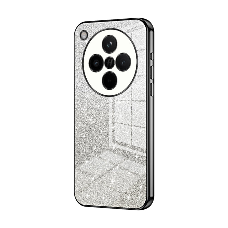 Silver glitter phone case with circular triple camera cutout and dark electroplated trim