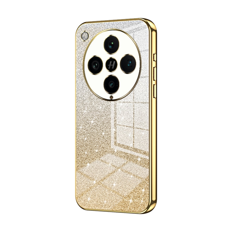 Gold glitter phone case with circular triple camera cutout and electroplated edge
