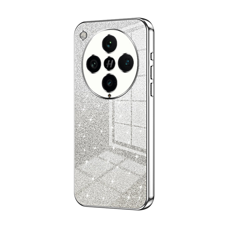 Silver glitter phone case with electroplated trim and four camera cutouts.