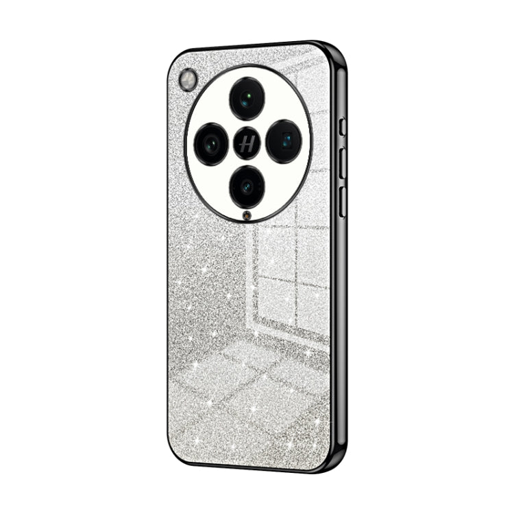 Silver glitter phone case with electroplated accents and four camera cutouts.