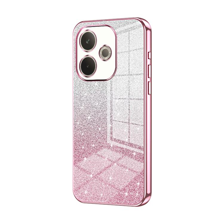 Glittery pink gradient phone case with electroplated trim, triple camera cutouts