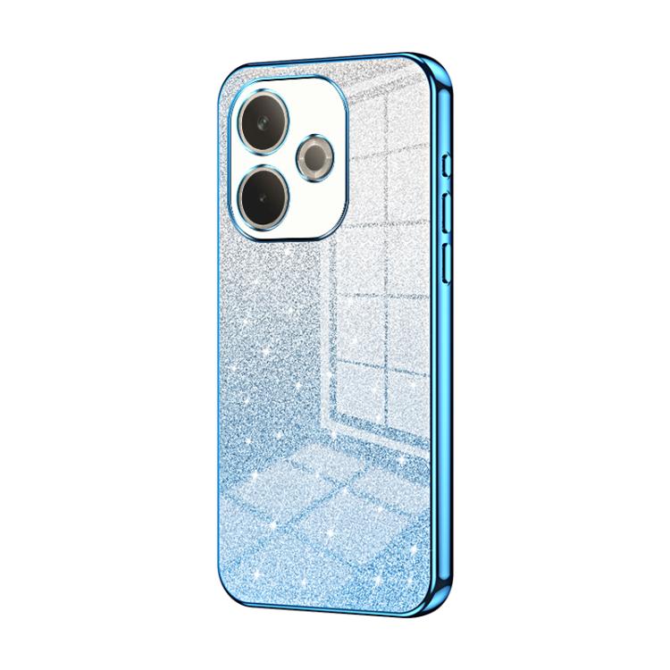 Glittery blue gradient phone case with electroplated trim, triple camera cutouts