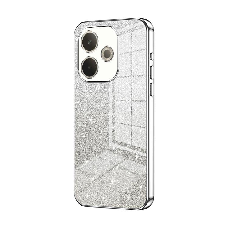 Glittery silver phone case with electroplated trim, triple camera cutouts