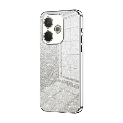 Glittery silver phone case with electroplated trim, triple camera cutouts