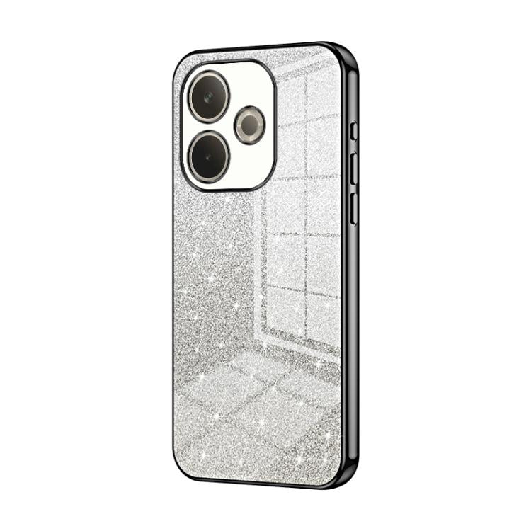 Glittery silver phone case with electroplated trim, triple camera cutouts