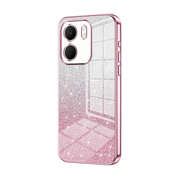 Glitter gradient phone case with pink electroplated frame and dual camera cutouts