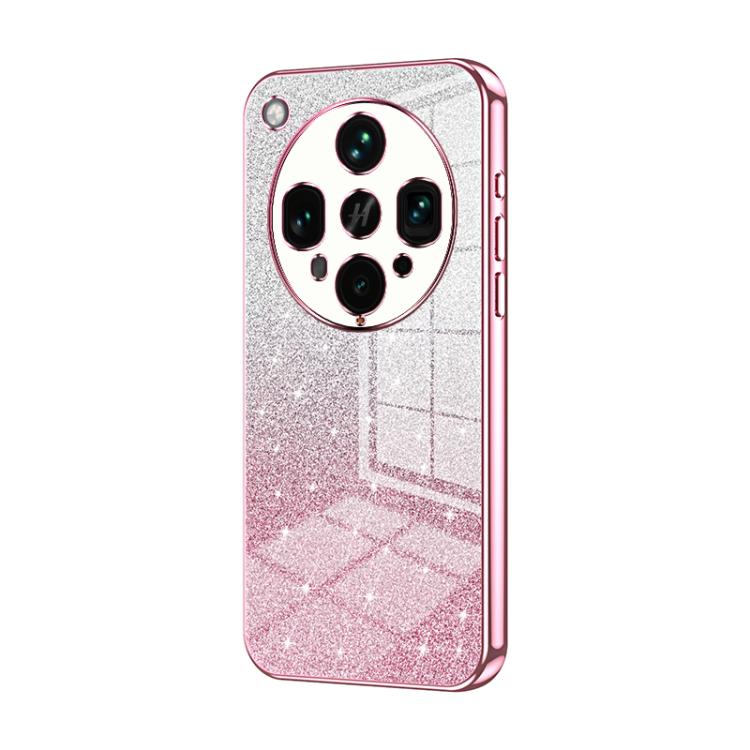 Pink glitter phone case with electroplated edges and quad-camera cutout