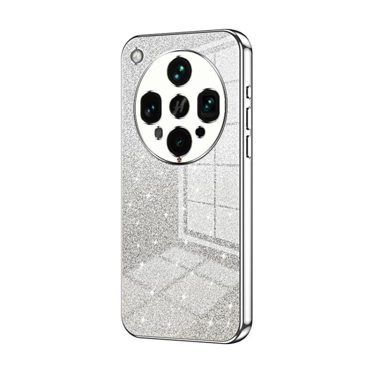 Silver glitter phone case with electroplated edges and quad-camera cutout