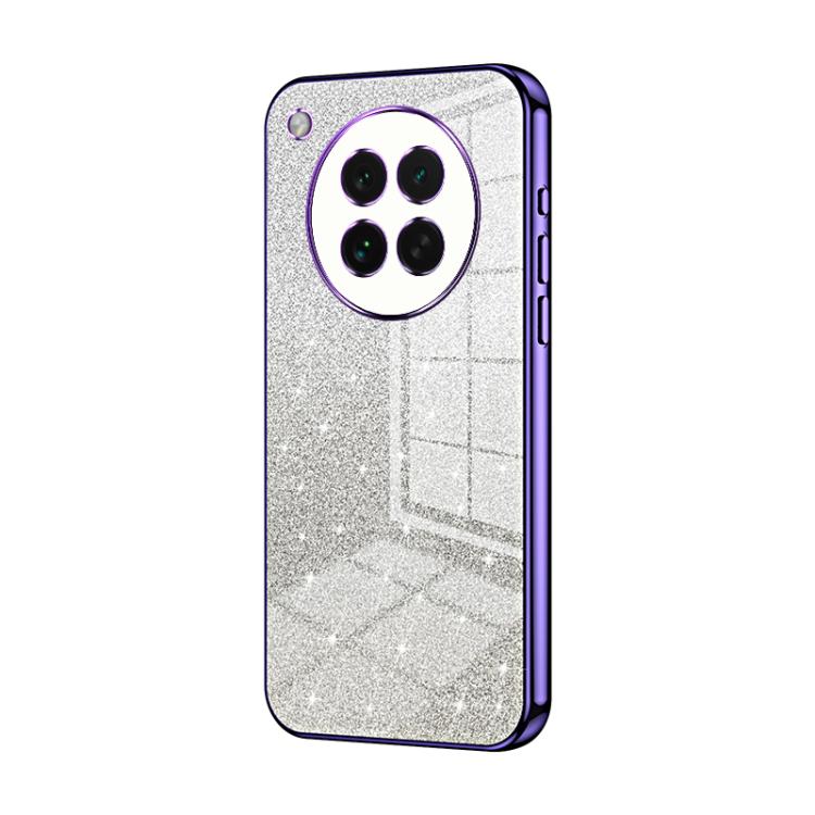 Silver glitter phone case with purple electroplated trim and dual camera cutouts
