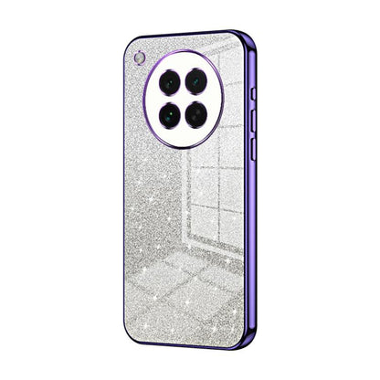 Silver glitter phone case with purple electroplated trim and dual camera cutouts