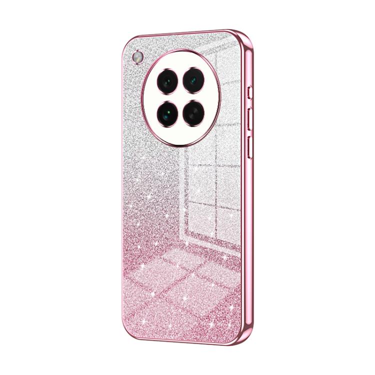 Pink glitter electroplated phone case with rose-toned camera ring and dual cutouts