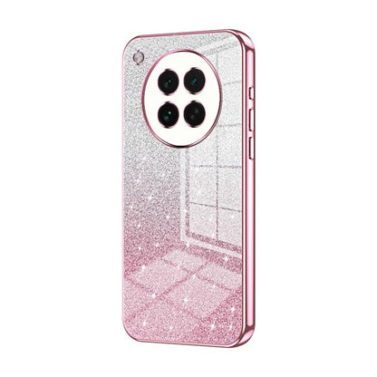 Pink glitter electroplated phone case with rose-toned camera ring and dual cutouts
