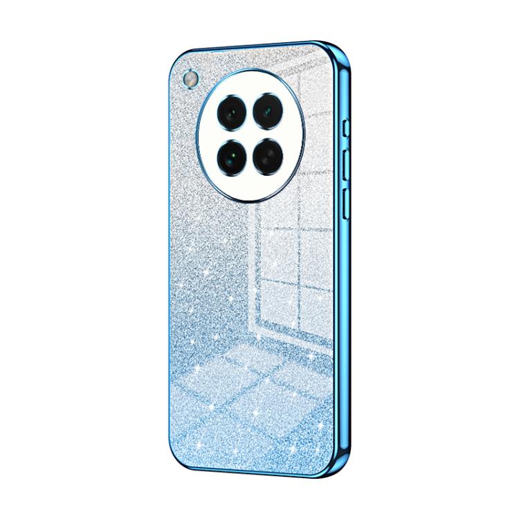 Blue glitter electroplated phone case with light-blue trim and dual camera cutouts