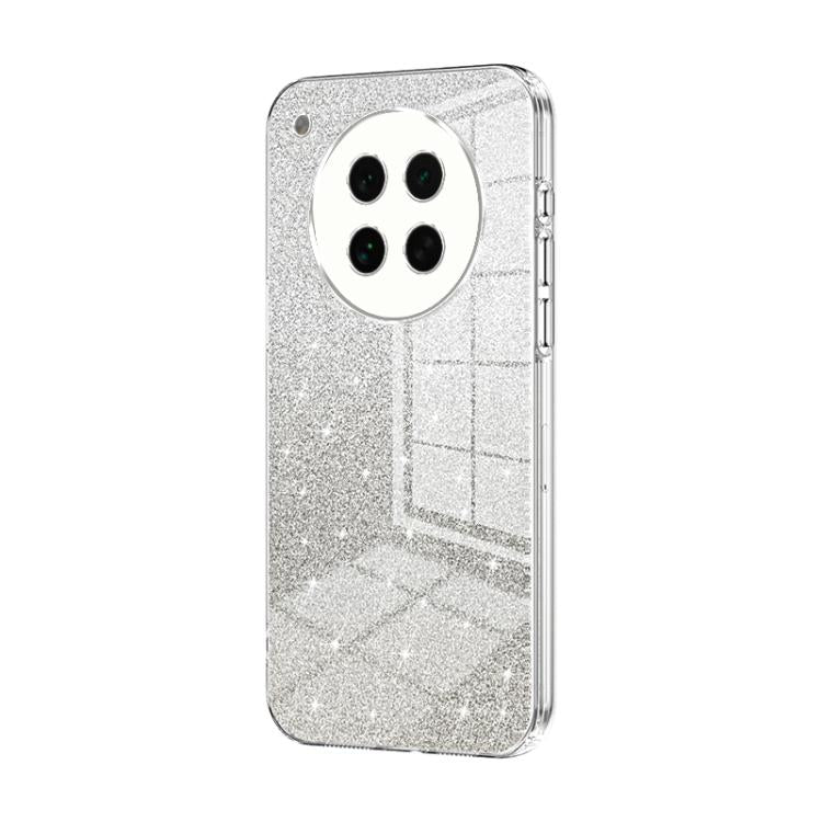 Transparent silver glitter phone case with clear camera ring and protective side buttons