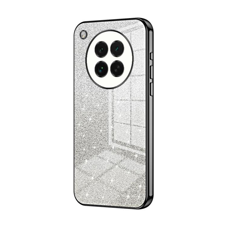 Silver glitter phone case with dark edge accents, round camera ring, and cutouts