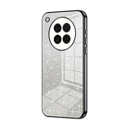Silver glitter phone case with dark edge accents, round camera ring, and cutouts