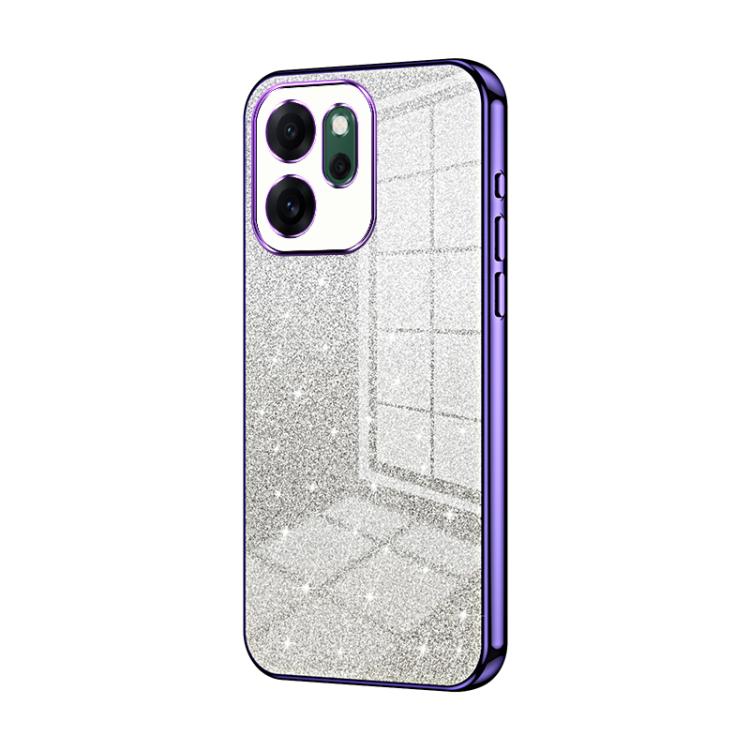 Silver glitter phone case with purple electroplated edges and triple camera cutout