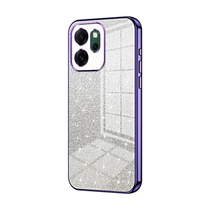 Silver glitter phone case with purple electroplated edges and triple camera cutout