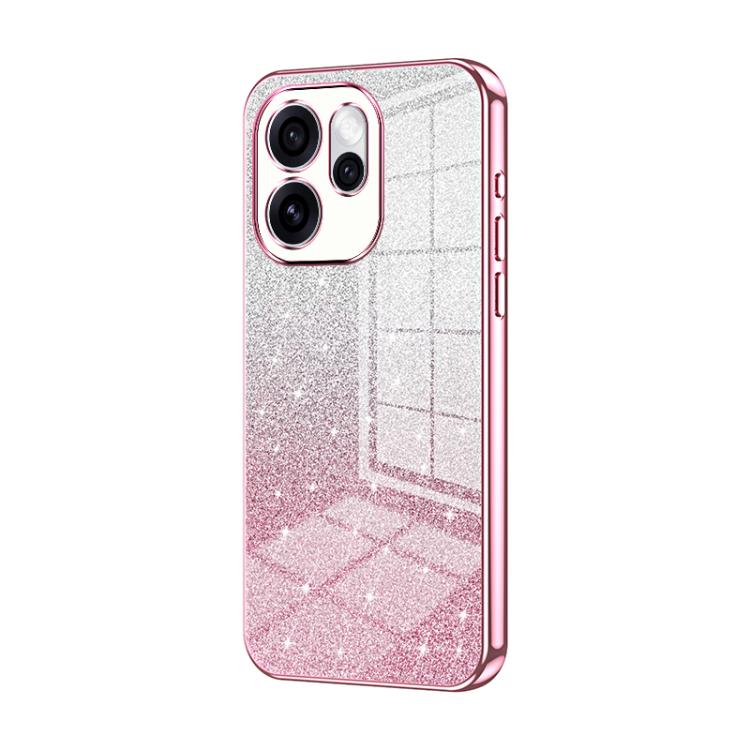 Glitter phone case with pink electroplated edge and cutouts for triple cameras