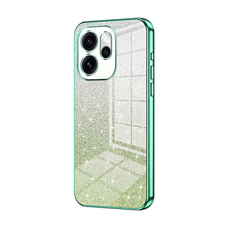 Glitter phone case with green electroplated edge and cutouts for triple cameras