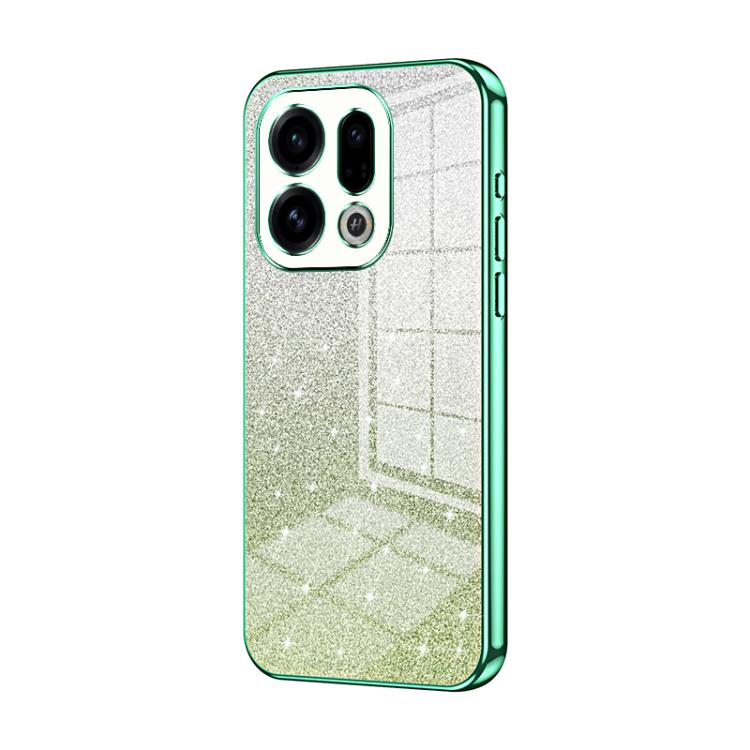 Glitter phone case with electroplated green edges, textured silver finish, triple camera cutouts