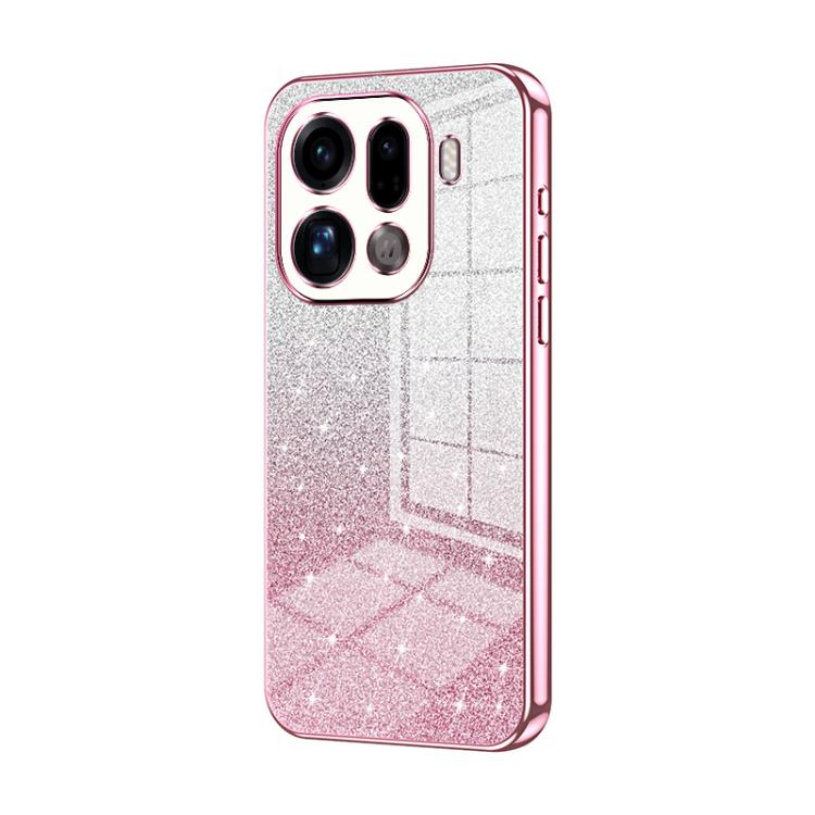 Glitter phone case with electroplated pink edges, textured silver finish, triple camera cutouts