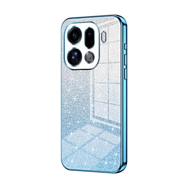 Glitter phone case with electroplated blue edges, textured silver finish, triple camera cutouts