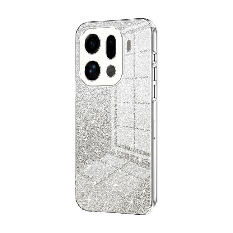 Glitter phone case with electroplated clear-silver edges, textured silver finish, triple camera cutouts
