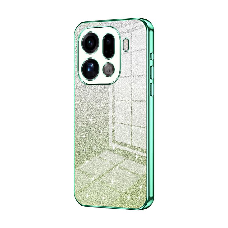 Glitter phone case with electroplated green edges, textured silver finish, triple camera cutouts