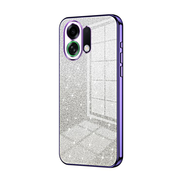 Silver glitter phone case with purple electroplated edges and triple camera cutout