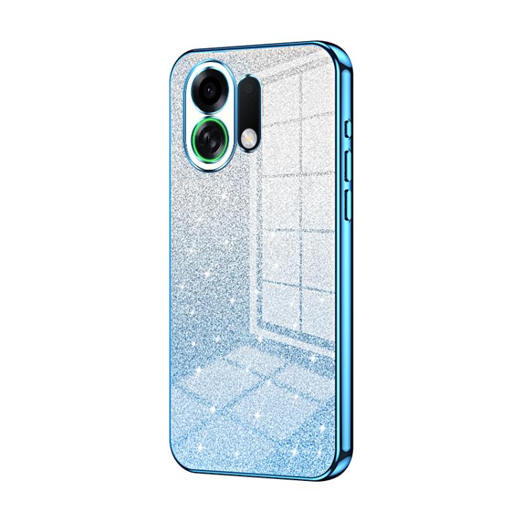 Silver glitter phone case with blue electroplated edges and camera cutouts