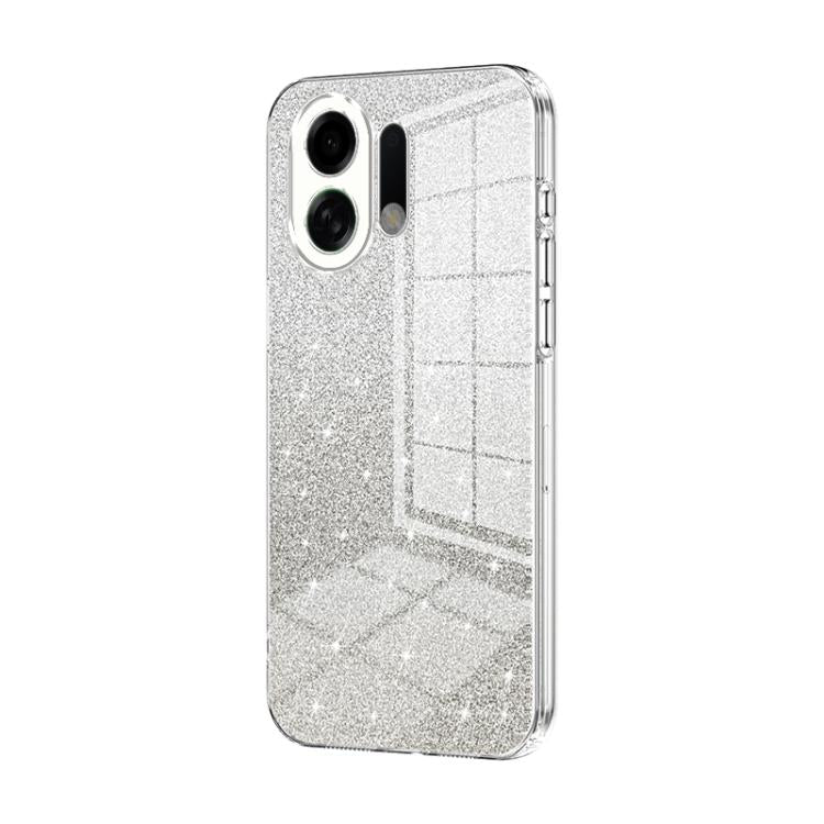 Silver glitter phone case with clear electroplated sides and camera cutouts