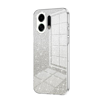 Silver glitter phone case with clear electroplated sides and camera cutouts